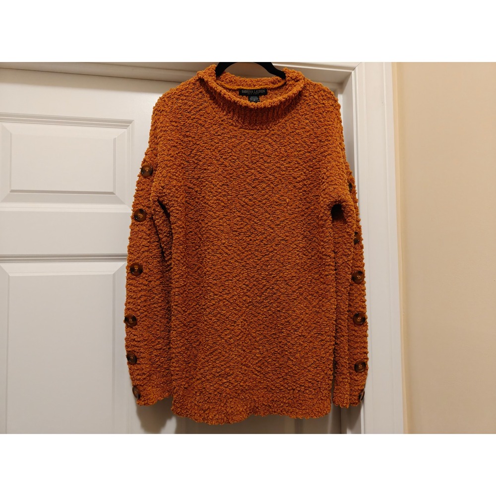 Sabrina Lauren Burnt Orange Popcorn Knit Mock Neck Button Sweater Womens M